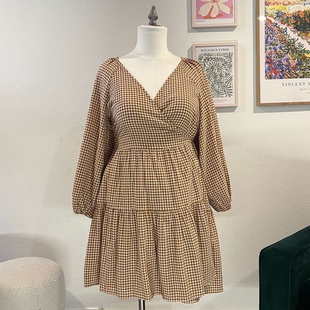 Madewell Gingham Puff-Sleeve Wrap Dress WITH POCKETS in Golden Pecan x-large NWT